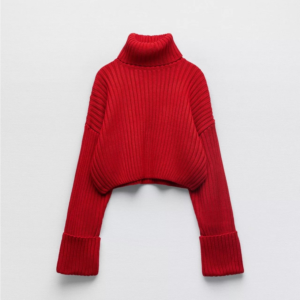 Zara Cropped Red Ribbed Turtleneck Sweater